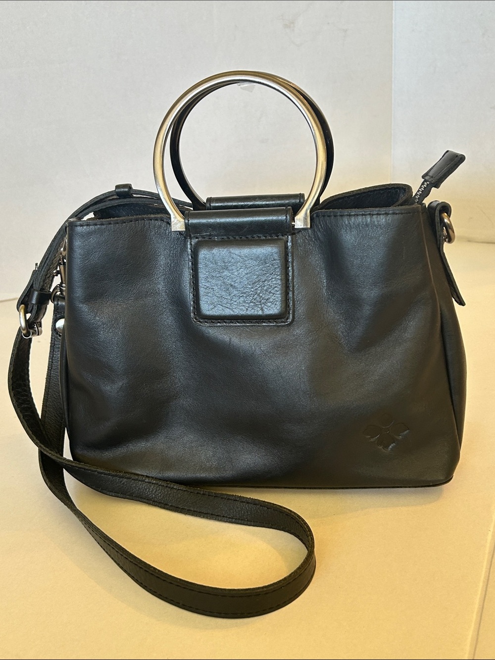 PATRICIA NASH EMPOLI SATCHEL HERITAGE BLACK LEATHER SILVER TONE METAL HANDLES